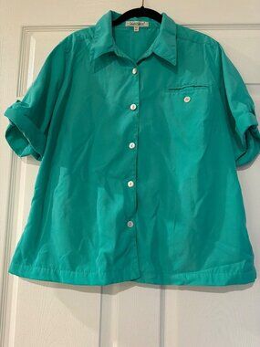 TravelSmith Womens Teal Button-Up Shirt XLP Roll-Tab Sleeves Lightweight Polyest